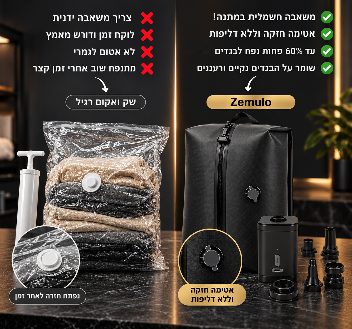 השוואה: תיק Zemulo עם משאבה חשמלית מול שקית ואקום רגילה עם משאבה ידנית