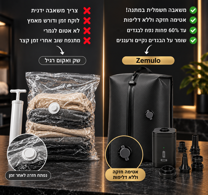 השוואה: תיק Zemulo עם משאבה חשמלית מול שקית ואקום רגילה עם משאבה ידנית