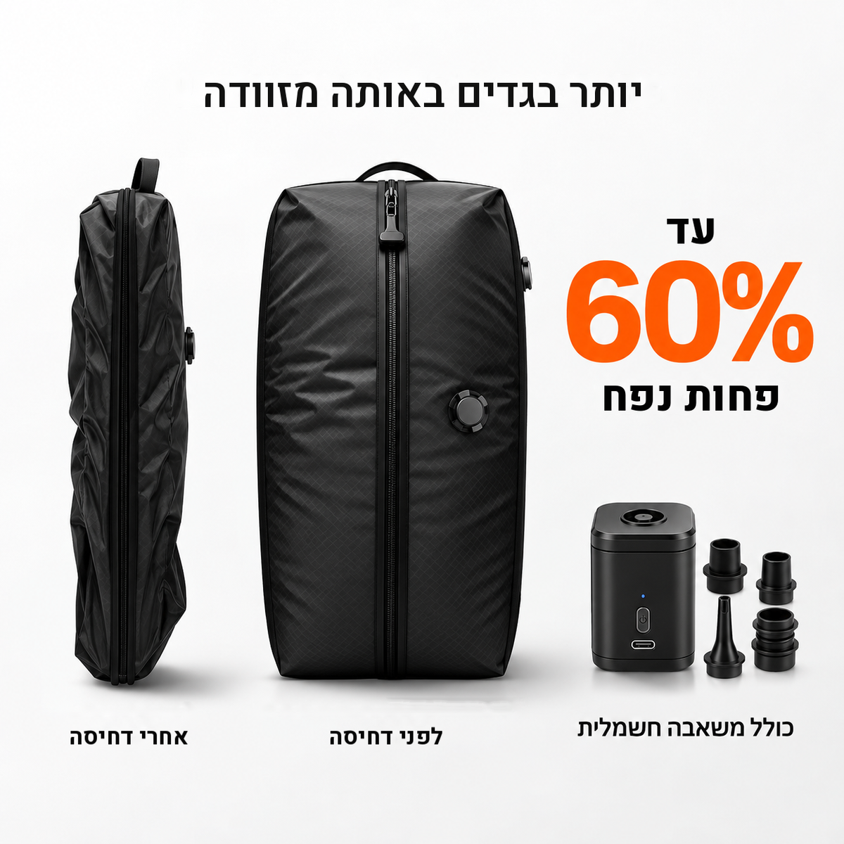 תיק Zemulo לפני ואחרי דחיסה, עם משאבה חשמלית