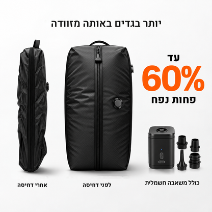 תיק Zemulo לפני ואחרי דחיסה, עם משאבה חשמלית